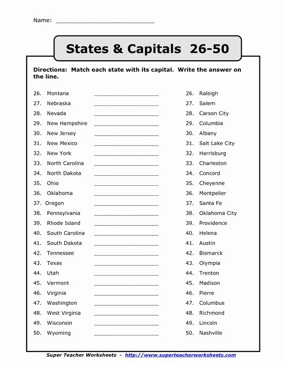 States and Capitals Matching Worksheet Unique 50 States Capitals List Printable