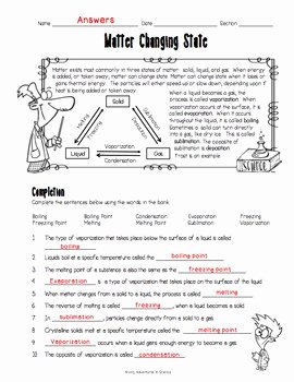 States Of Matter Worksheet Answers Elegant Matter Changing States Worksheet by Adventures In Science