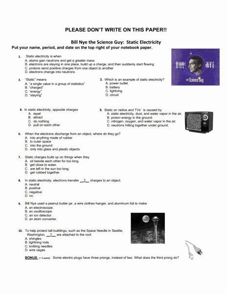 Static Electricity Worksheet Answers Awesome Bill Nye the Science Guy Static Electricity Worksheet for