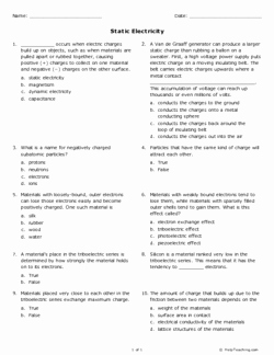 Static Electricity Worksheet Answers Inspirational Static Electricity Grades 11 12 Free Printable Tests