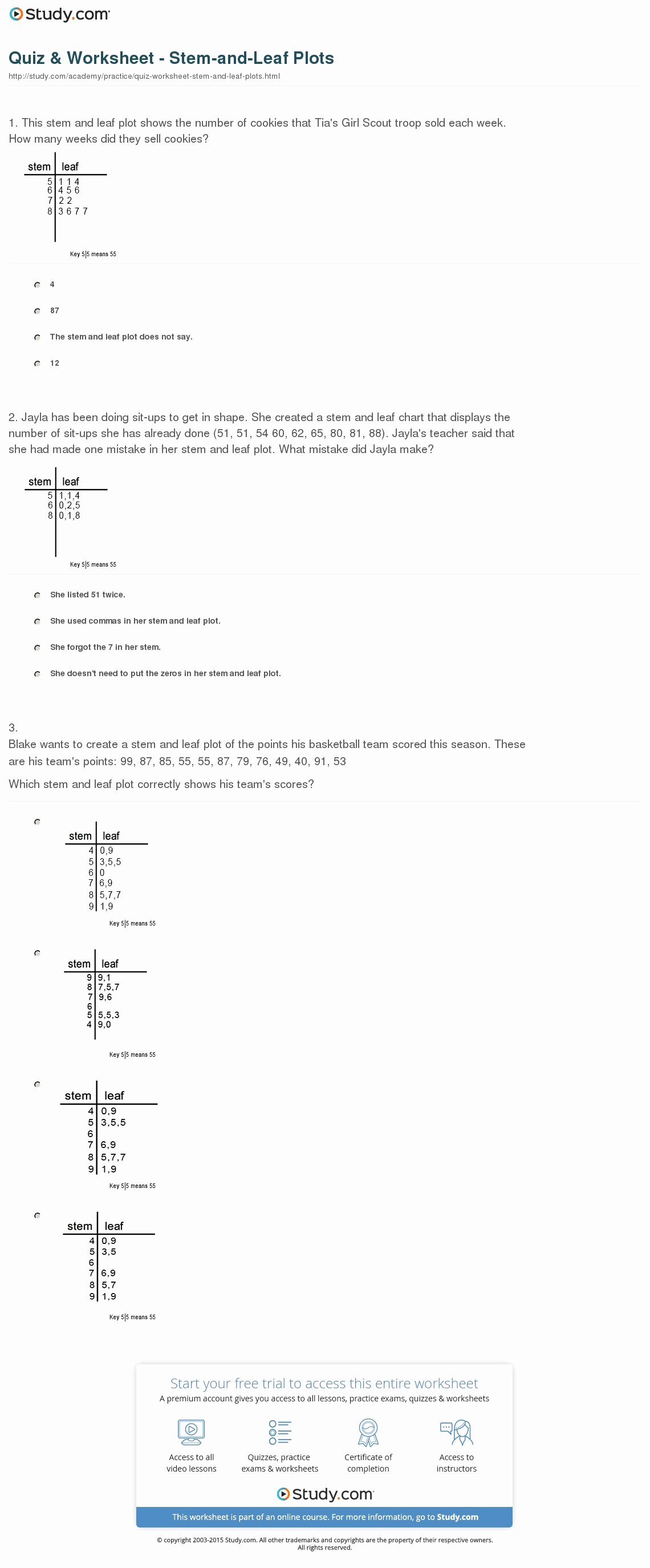 Stem and Leaf Plot Worksheet Lovely Quiz &amp; Worksheet Stem and Leaf Plots