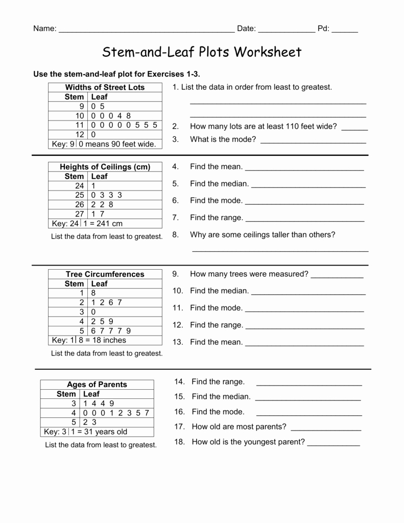 Stem and Leaf Plots Worksheet Fresh Use the Stem and Leaf Plot for Exercises 1 3