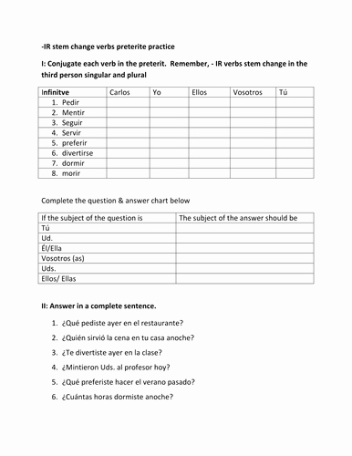 Stem Changing Verbs Worksheet Answers Best Of Preterit Stem Change and Spelling Change Verbs Quiz by