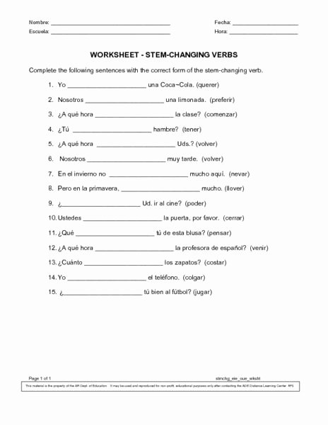 Stem Changing Verbs Worksheet Lovely Worksheet Stem Changing Verbs 8th 9th Grade Worksheet