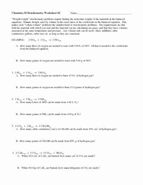 Stoichiometry Problems Worksheet Answers Inspirational Chemistry Ii Stoichiometry Worksheet Worksheet for 10th