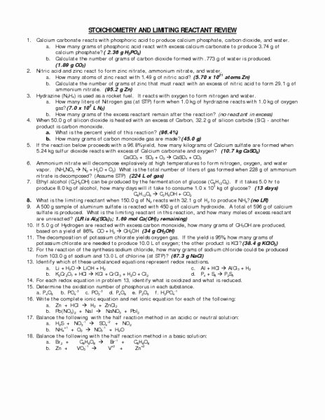 Stoichiometry Problems Worksheet Answers Inspirational Stoichiometry and Limiting Reactant Review Worksheet for