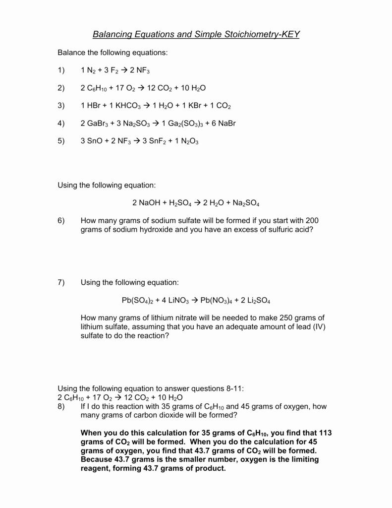 Stoichiometry Worksheet Answer Key Beautiful Key solutions for the Stoichiometry Practice Worksheet