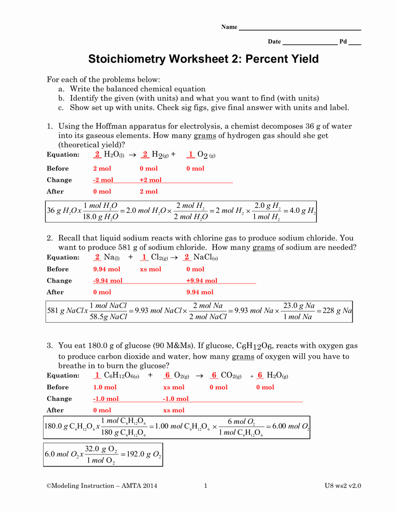 Stoichiometry Worksheet Answer Key Fresh Stoichiometry Worksheet 2 Percent Yield