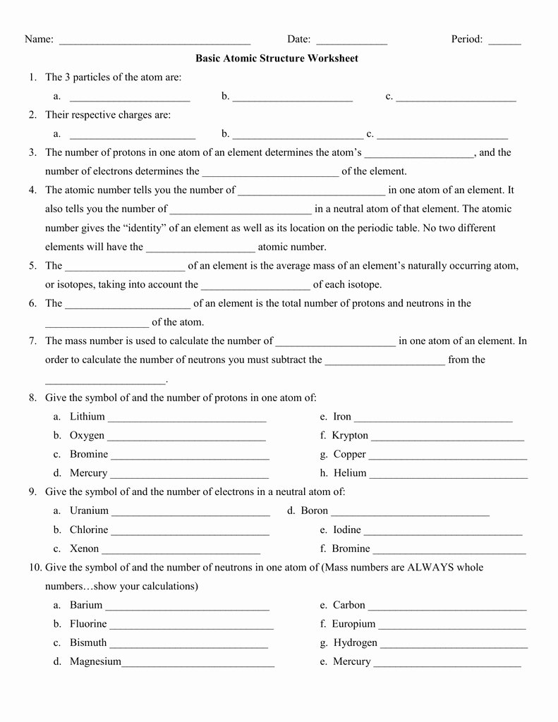 Structure Of the atom Worksheet Beautiful Basic atomic Structure Worksheet