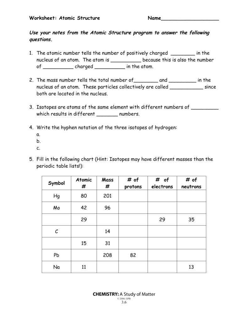 Structure Of the atom Worksheet Fresh atomic Structure Worksheet