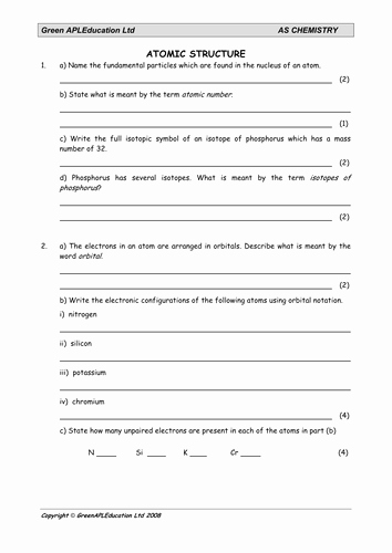 Structure Of the atom Worksheet Luxury Chemistry atomic Structure Worksheet by Greenapl