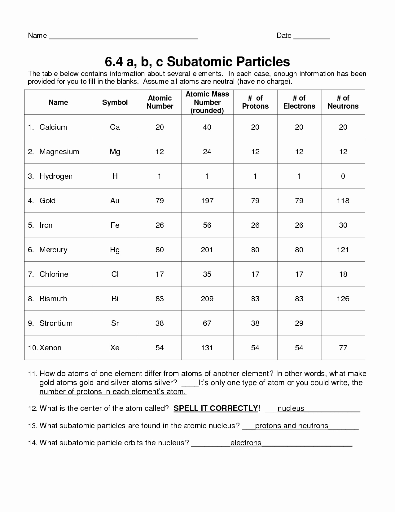 Protons Neutrons And Electrons Practice Worksheet With Answers