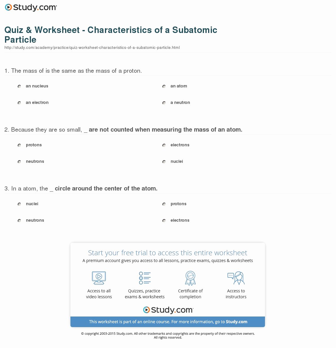 Subatomic Particles Worksheet Answers Luxury Quiz &amp; Worksheet Characteristics Of A Subatomic Particle