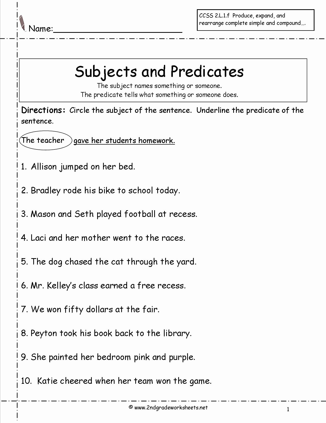 Subject and Predicate Worksheet Fresh Second Grade Sentences Worksheets Ccss 2 L 1 F Worksheets