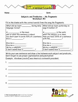 Subject and Predicate Worksheet Lovely Subject &amp; Predicate Worksheet Packet and Lesson Plan 8