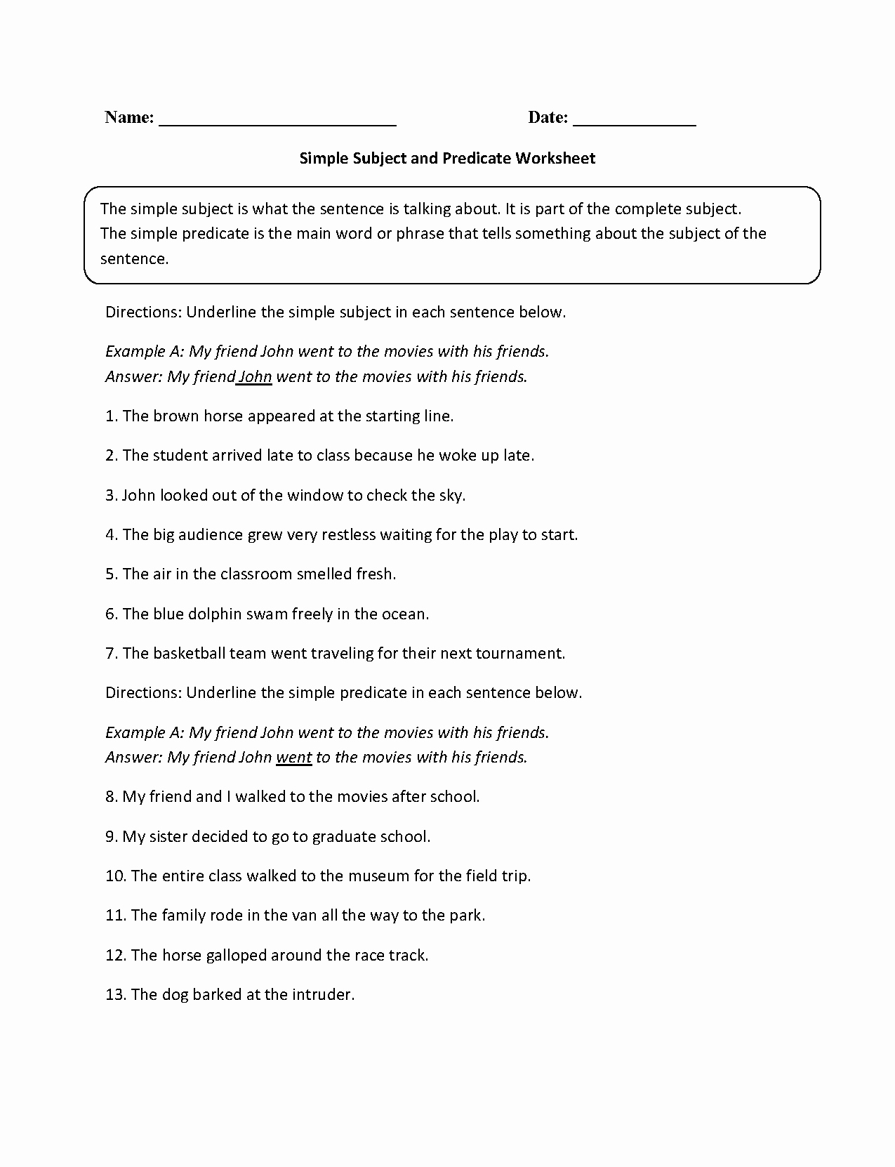 Subject and Predicate Worksheet Unique Simple Subject and Predicate Worksheet