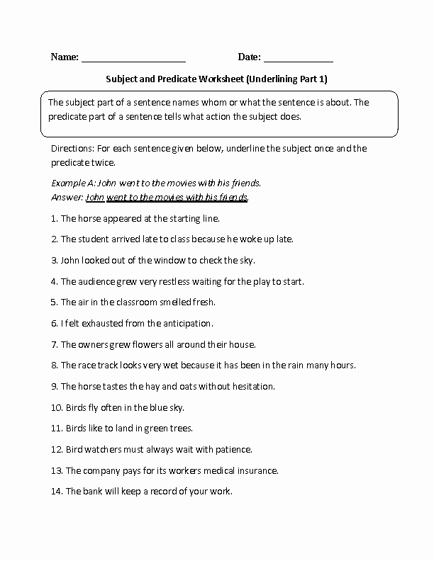 Subject and Predicate Worksheet Unique Subject and Predicate Worksheet Underlining