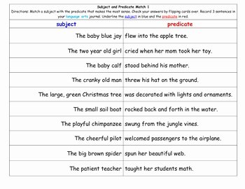 Subject Predicate Worksheet Pdf Elegant Subject Predicate Match 1 Montessori Matching Cards by