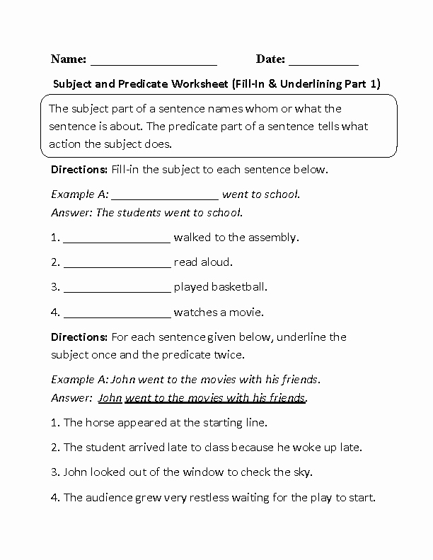 Subject Predicate Worksheet Pdf Lovely Subject and Predicate Worksheet Fill In and Underlining