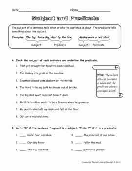 Subject Predicate Worksheet Pdf New Subject and Predicate Worksheets with Answer Keys by