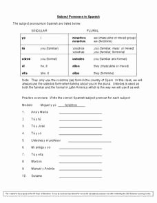 Subject Pronouns In Spanish Worksheet Awesome Subject Pronouns In Spanish Worksheet for 6th 9th Grade