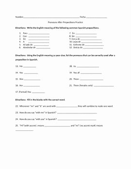 Subject Pronouns In Spanish Worksheet Best Of Spanish Prepositions with Pronouns Worksheets Practice