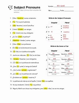 Subject Pronouns In Spanish Worksheet Elegant Ser and Subject Pronouns Practice Spanish Worksheet