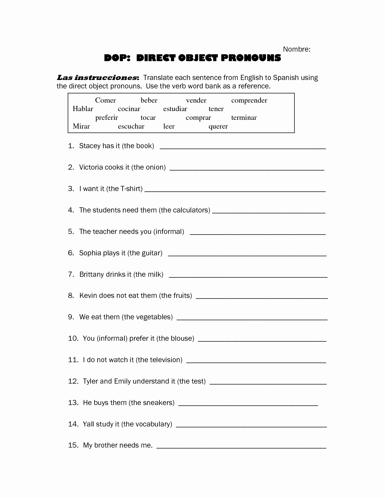 Subject Pronouns In Spanish Worksheet Fresh French Grammar Exercises Direct Indirect Object Pronouns
