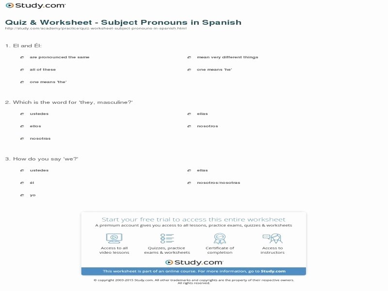 Subject Pronouns In Spanish Worksheet Unique Subject Pronouns In Spanish Worksheet Answers Free