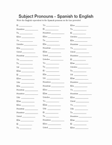 Subject Pronouns In Spanish Worksheet Unique Subject Pronouns Spanish to English Worksheet for 6th