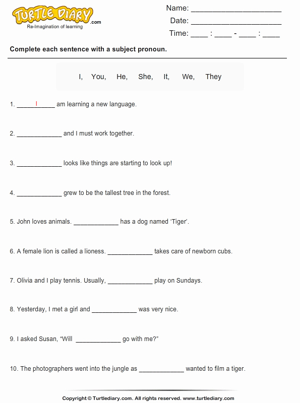 Subject Pronouns Spanish Worksheet Beautiful Fill In the Blanks with Subject Pronouns Worksheet