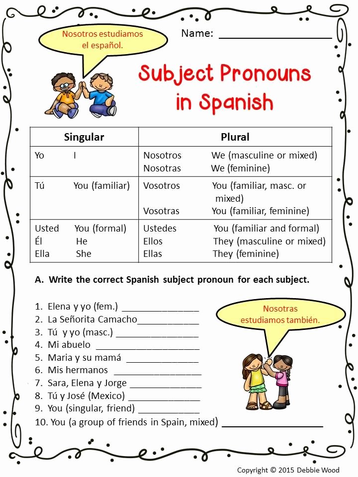 Subject Pronouns Spanish Worksheet Beautiful Spanish Subject Pronouns Worksheets and Posters