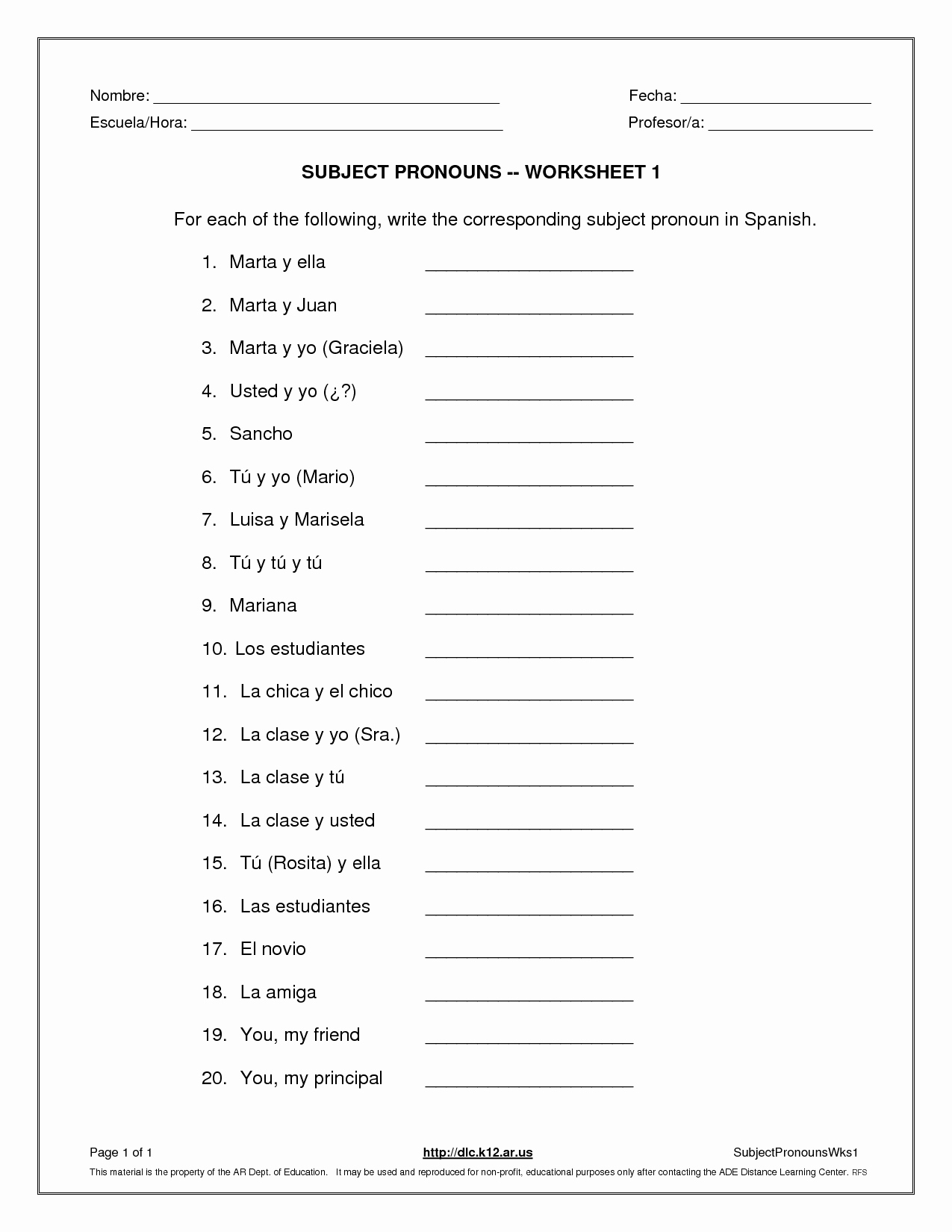 Subject Pronouns Spanish Worksheet Best Of La Escuela De Ingles De Eva Subject Pronouns Worksheet