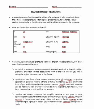 Subject Pronouns Spanish Worksheet Fresh Spanish Subject Pronoun Notes and Worksheets by Mundo