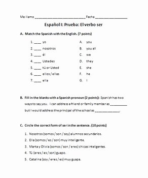 Subject Pronouns Spanish Worksheet Unique Spanish Quiz On Ser and Subject Pronouns by Mundo Pequeno
