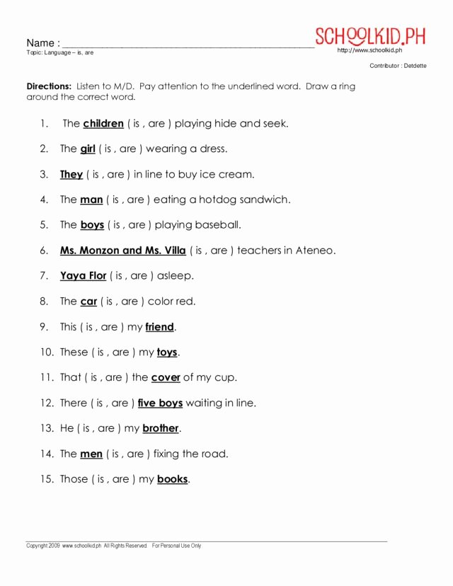 Subject Verb Agreement Worksheet Best Of the Use Of is and are Subject Verb Agreement Worksheet