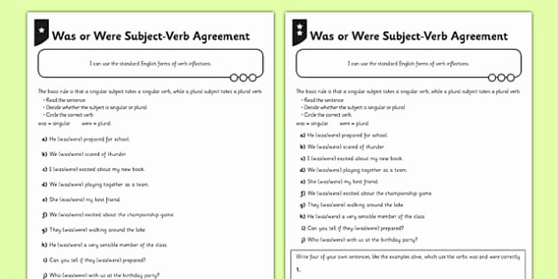 Subject Verb Agreement Worksheet Best Of Was or Were Subject Verb Agreement Differentiated