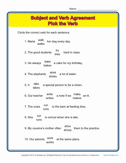 Subject Verb Agreement Worksheet Inspirational Pick the Verb