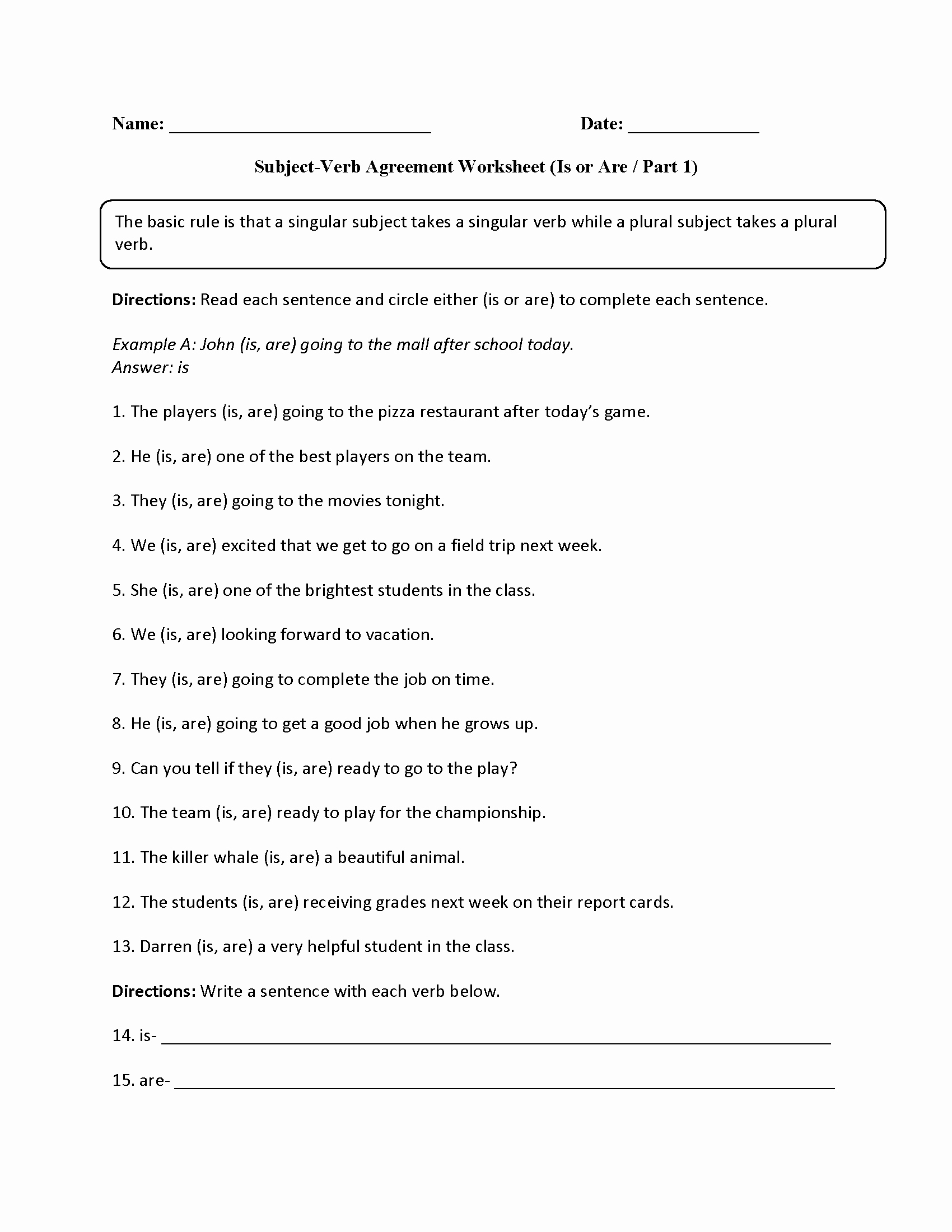 Subject Verb Agreement Worksheet Lovely Practicing is or are Subject Verb Agreement Worksheet