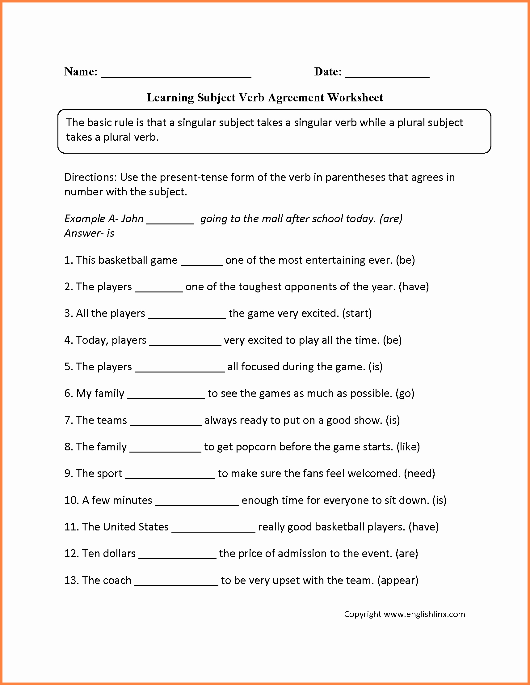 Subject Verb Agreement Worksheet Unique 5 Subject Verb Agreement Worksheets for Kids