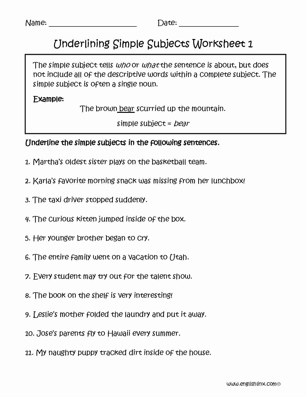 Subjects and Predicates Worksheet Best Of Underlining Simple Subject Worksheet