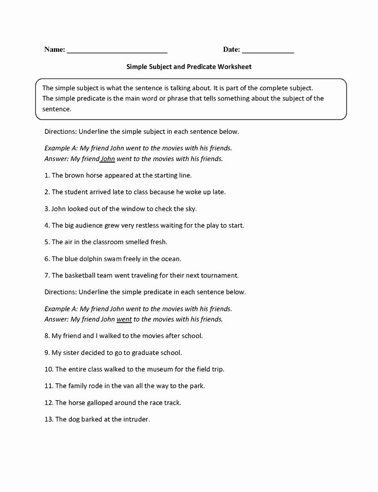Subjects and Predicates Worksheet New Simple Subject and Predicate Worksheet