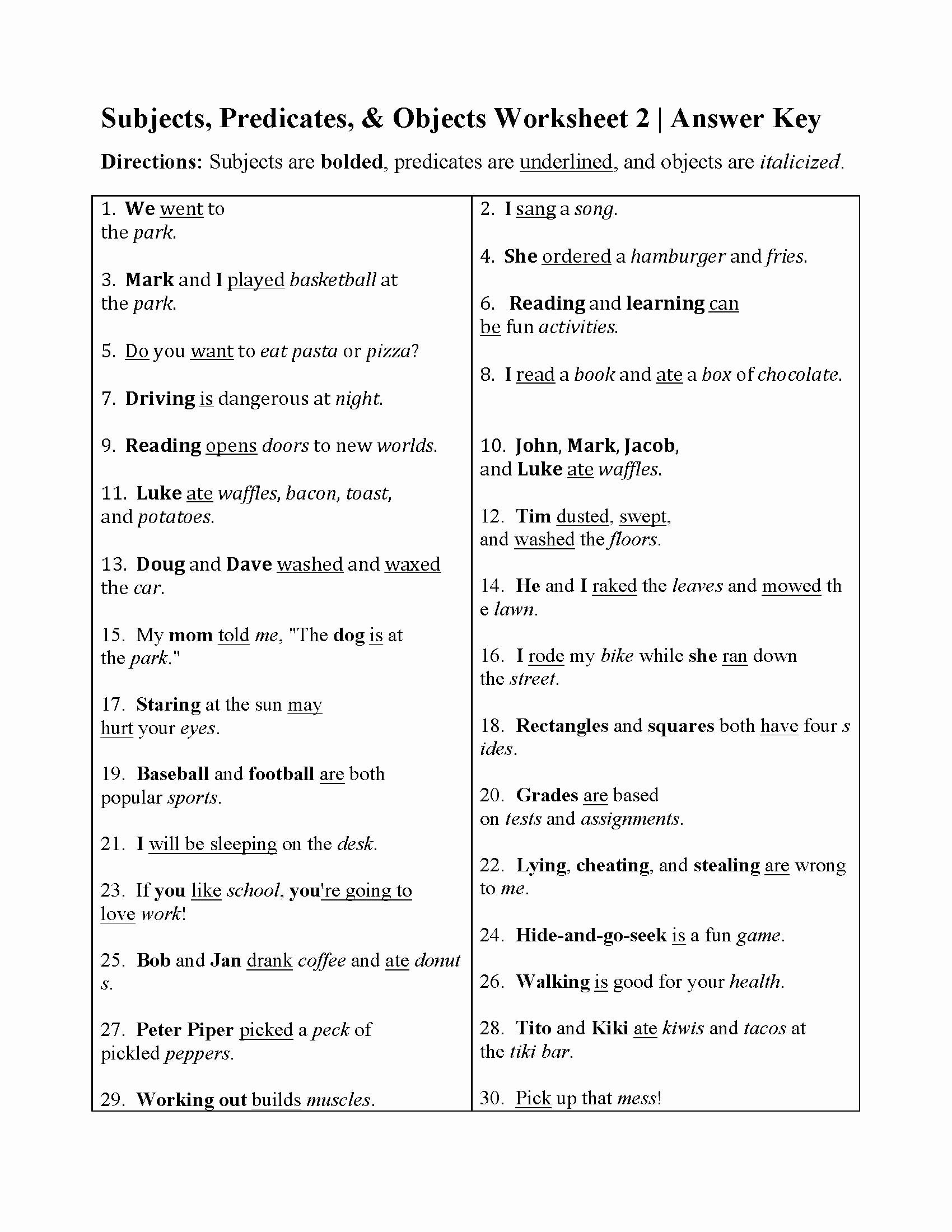 Subjects And Predicates Worksheet New Subjects Predicates And Objects