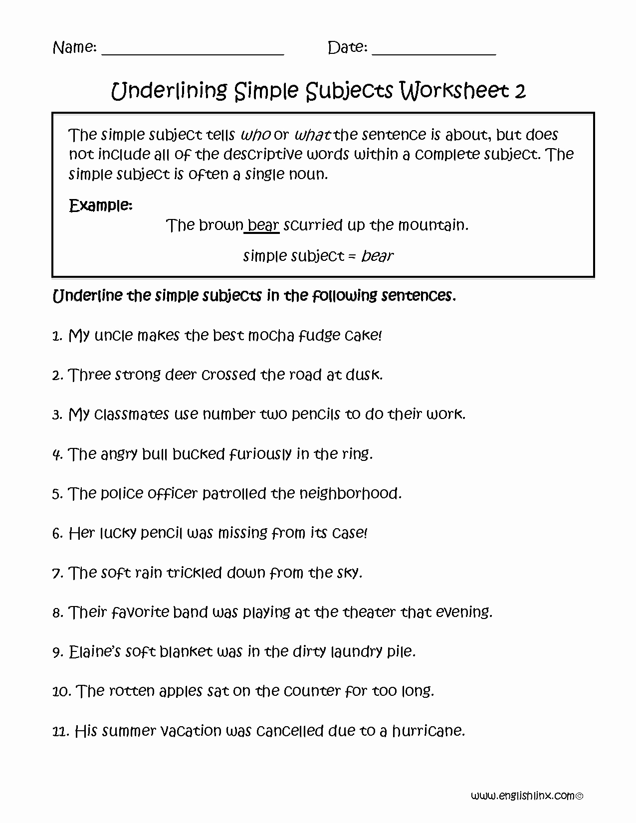 Subjects and Predicates Worksheet New Underlining Simple Subject Worksheet Part 2