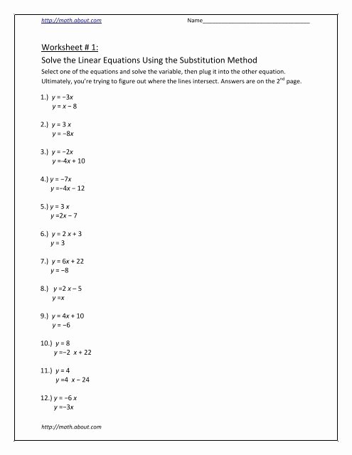Substitution Method Worksheet Answer Key Beautiful Worksheet 1 solve the Linear Equations Using the