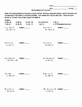 Substitution Method Worksheet Answer Key Fresh solving Systems Of Equations Matching Worksheet by Aes0403