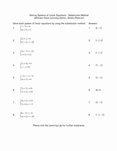 Substitution Method Worksheet Answer Key