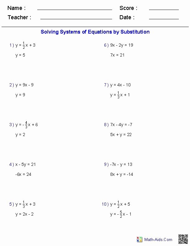 Substitution Method Worksheet With Answers
