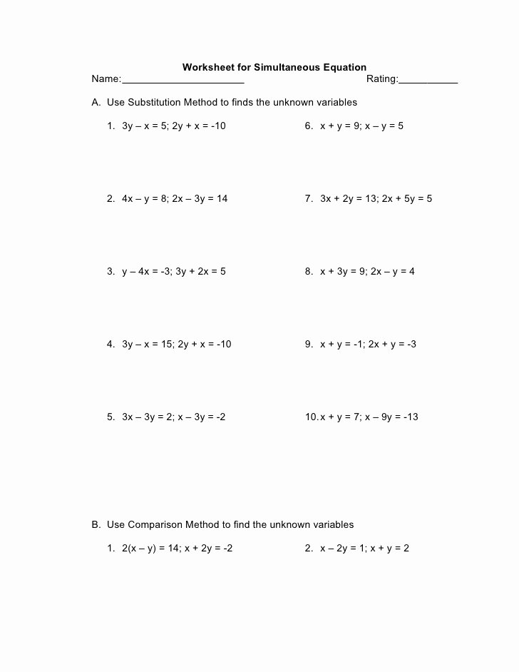 Substitution Method Worksheet Answers Elegant Worksheet for Simultaneous Equation