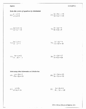 Substitution Method Worksheet Answers Lovely Elimination and Substitution Method Worksheet with Key by